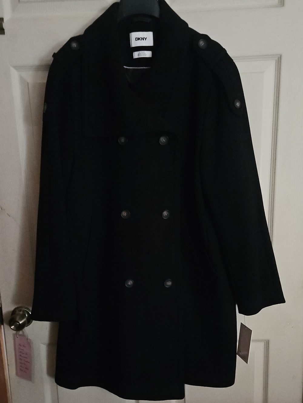 DKNY Double Breasted Wool Blend Military Coat: Black: New With Tags: Size XL